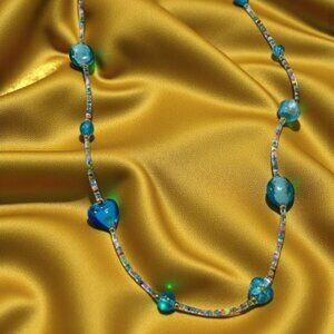 LaviguerDesigns Blue Hearts Flowers Venetian & Czech Glass Beads Necklace
